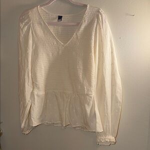 Cream V-Neck Smocked Peplum Blouse